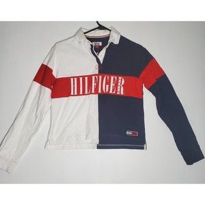 Tommy Hilfiger Denim Womans Cropped Long Sleeve Rugby Polo Shirt Color Blue XS